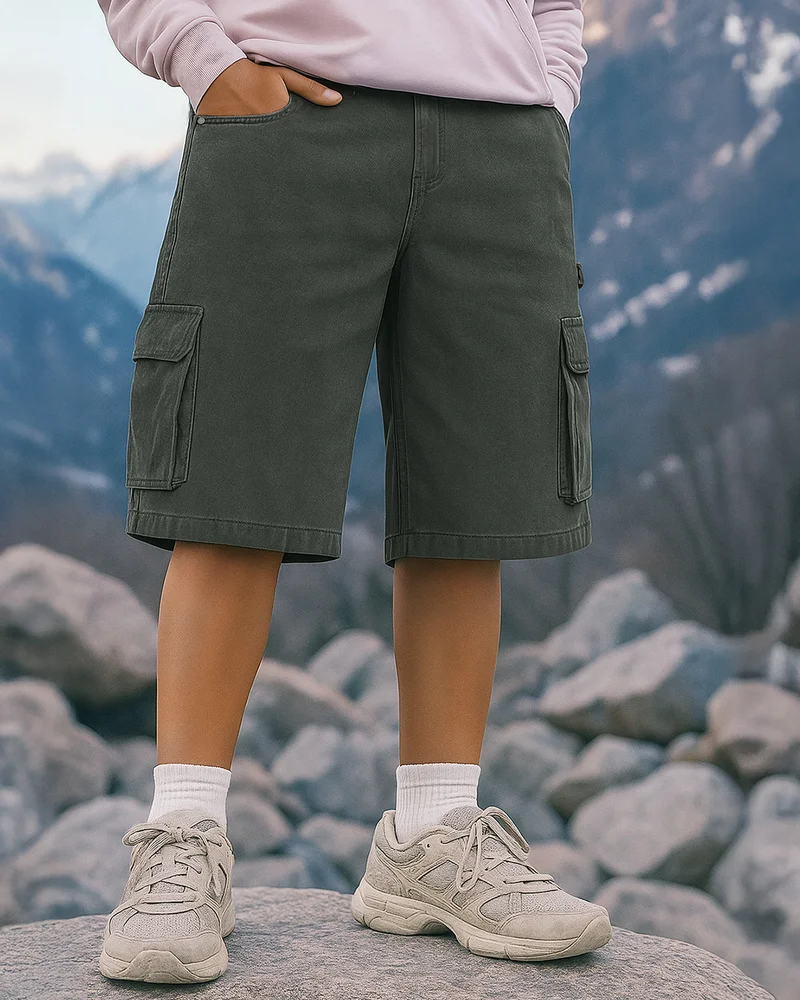bewakoof Men's Dark Olive Green Washed Baggy Fit Cargo Carpenter Shorts
